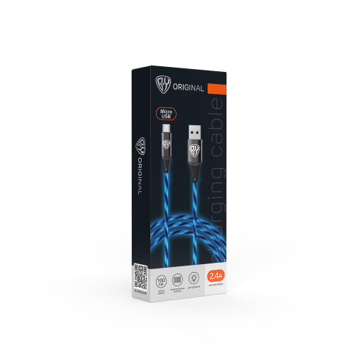 BY Кабель для зарядки Светящийся Micro USB, 1м, 2.4А, Быстрая зарядка, LED подсветка синяя, шт