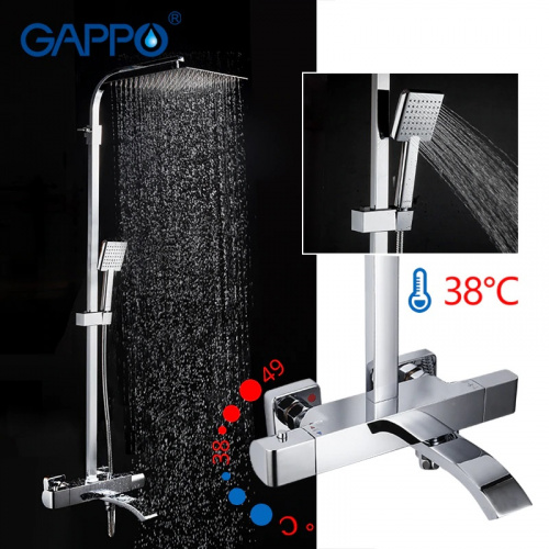 Стойка д/душа лейка+шланг С ТЕРМОСТАТОМ GAPPO® G2407-40, ЛЮКС с верхним душем 300*300 и ручной лейко