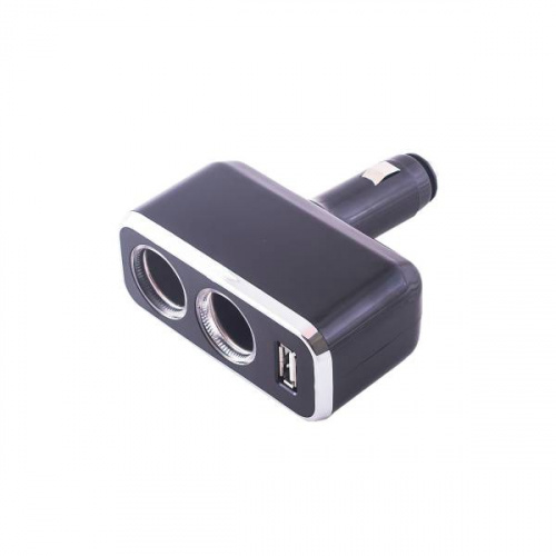 Разветвитель прикуривателя 2 гнезда + USB SKYWAY Черный предохранитель 5А, USB 2A
