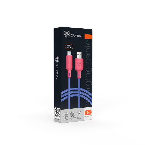 BY Кабель для зарядки Bright microUSB, 1м, Быстрая зарядка 3А, QC, PD 20W, силикон, сине-малиновый,
